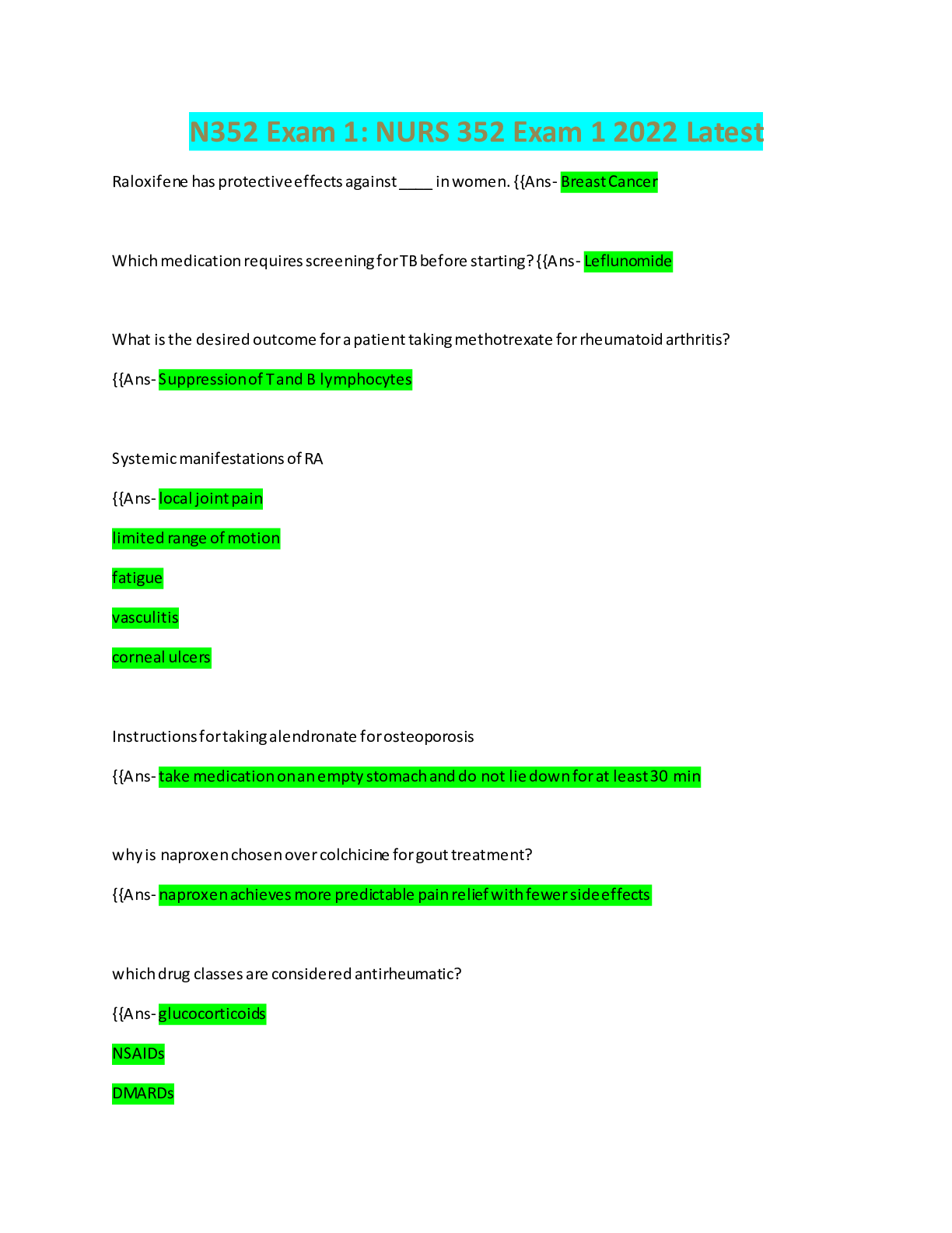 Preview image for N352/ NURS 352 Exam 1 2022 Latest Questions and Answers (solved 100%)